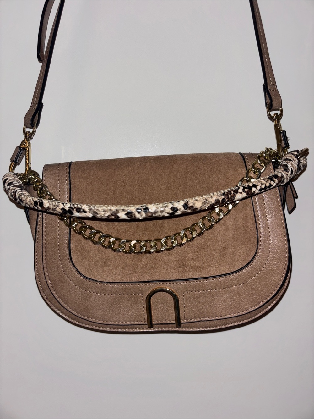Parfois Taupe Suede Crossbody Bag with Gold Chain & Snake-Print Accent